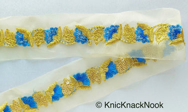 Gold Sheer Trim In Gold And Blue / Green Floral Embroidery And Gold Sequins Embellishment, Approx. 45mm Wide - 210119L135 / 36